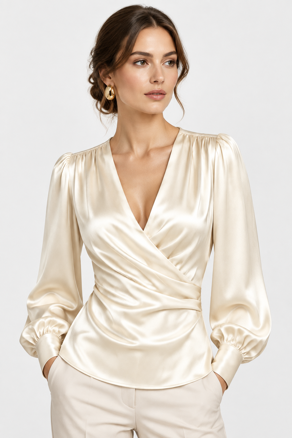 Blusa Wrap Satén Crema