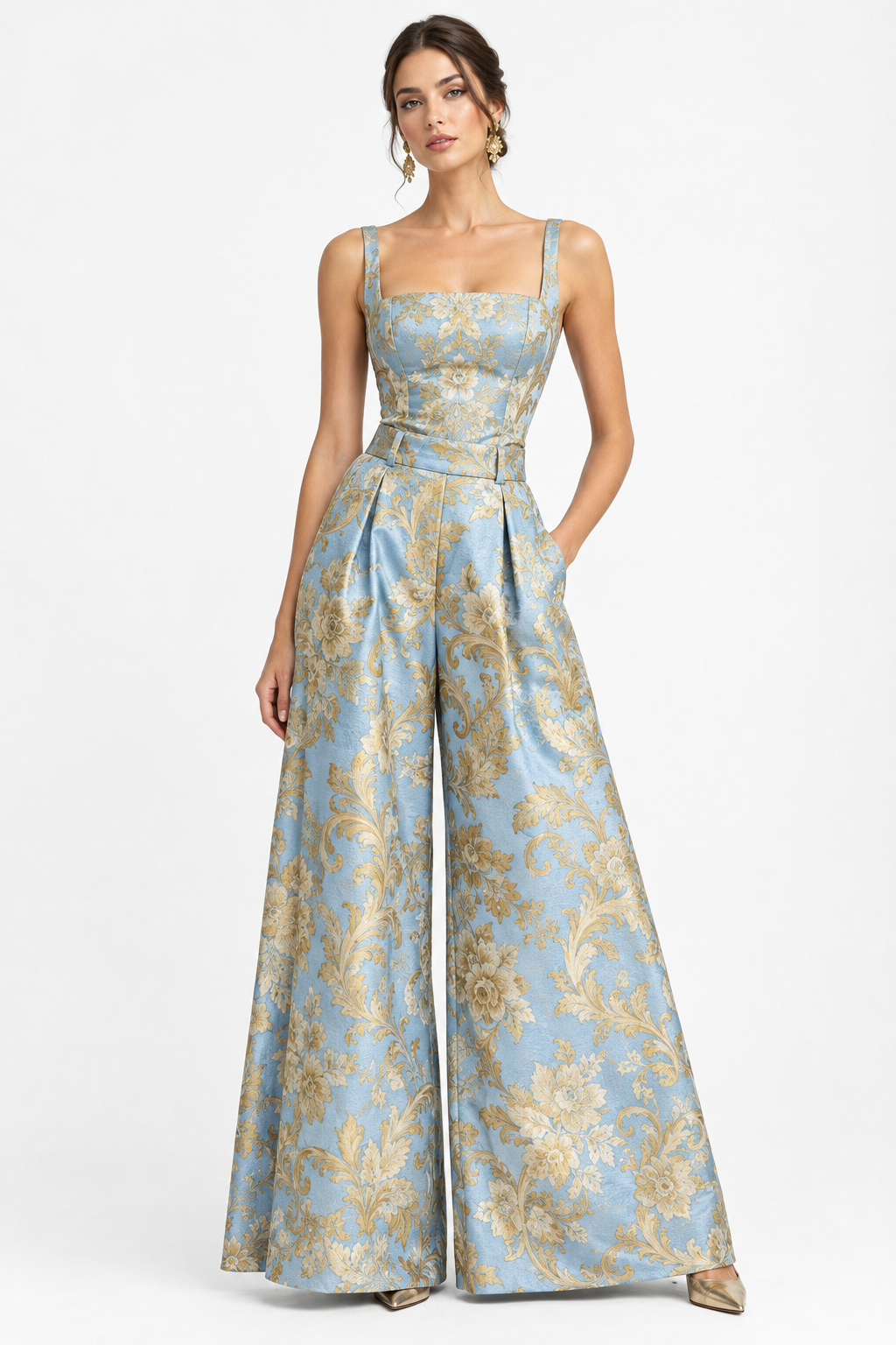Pantalón Brocado Floral Azul Celeste con modelo - Cala Stile