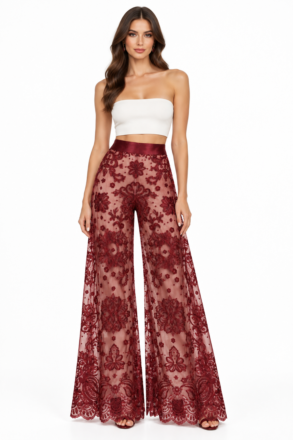 Pantalones encaje rojo/borgoña con modelo