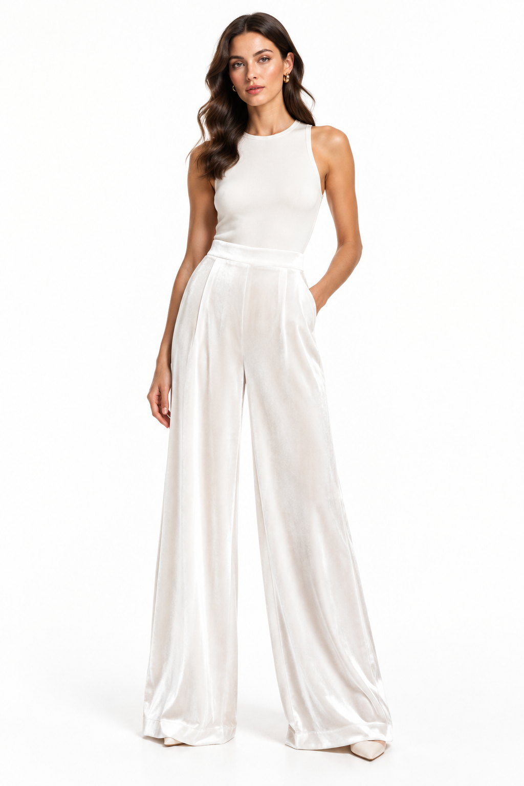 Pantalón Palazzo Terciopelo Blanco con modelo - Cala Stile