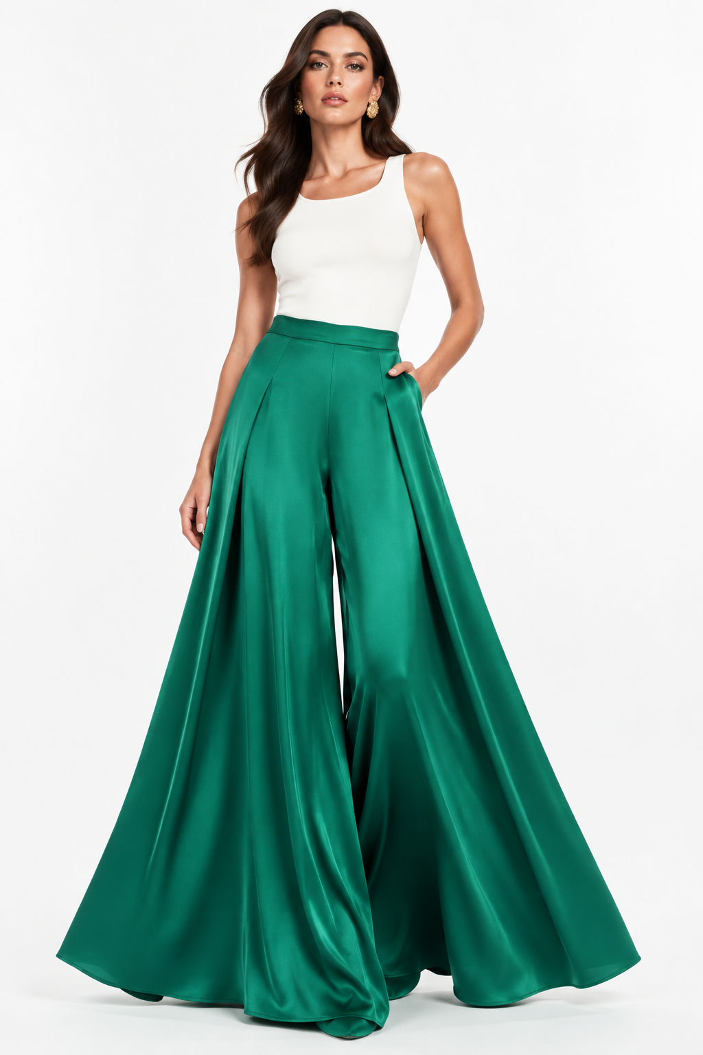 Pantalón Palazzo Satén Verde Agua con modelo - Cala Stile