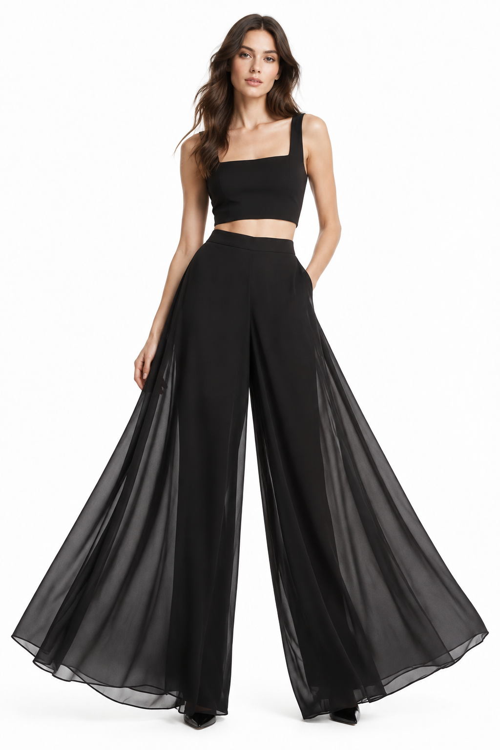 Pantalón Palazzo Chifón Negro con modelo - Cala Stile