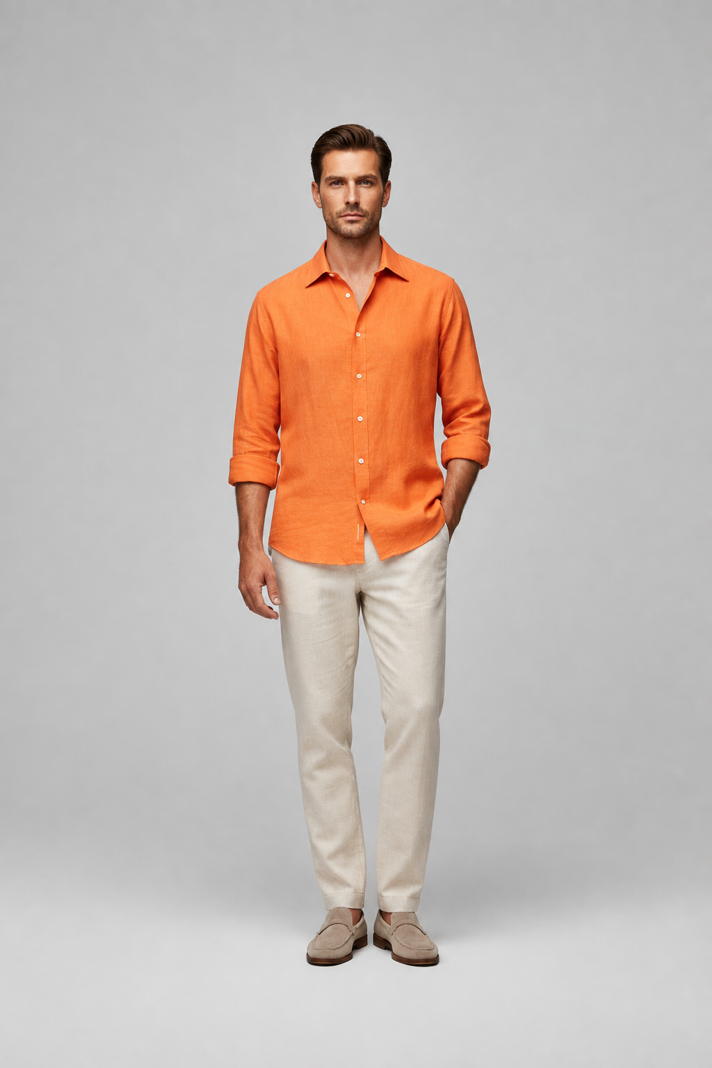 Camisa Lino Azul Claro Naranja