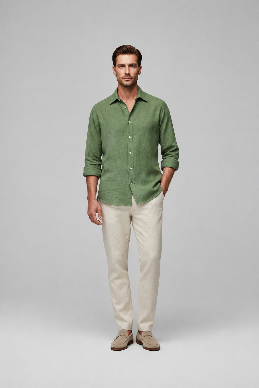 Camisa Lino Azul Claro Verde