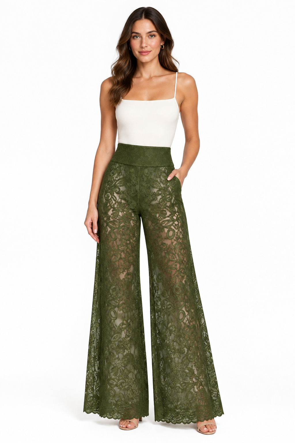 Pantalones encaje verde militar con modelo