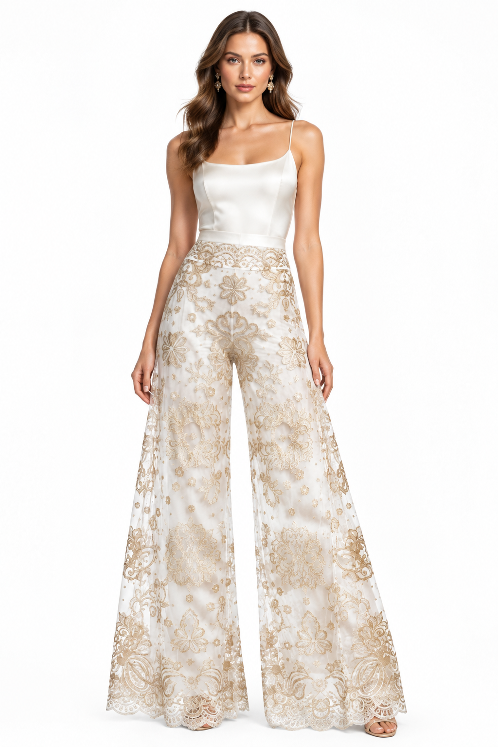 Pantalones encaje champán/dorado con modelo