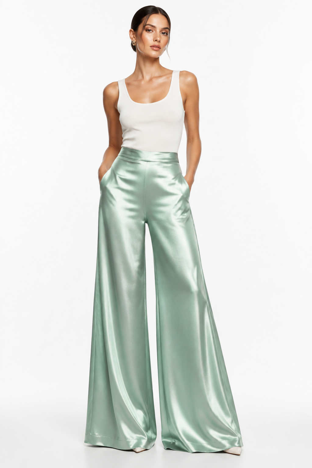 Pantalón Palazzo Satén Verde Menta con modelo - Cala Stile