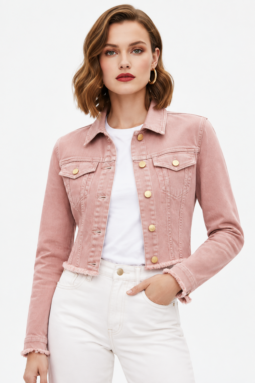 Chaqueta Vaquera Cropped Rosa Palo con modelo - Cala Stile