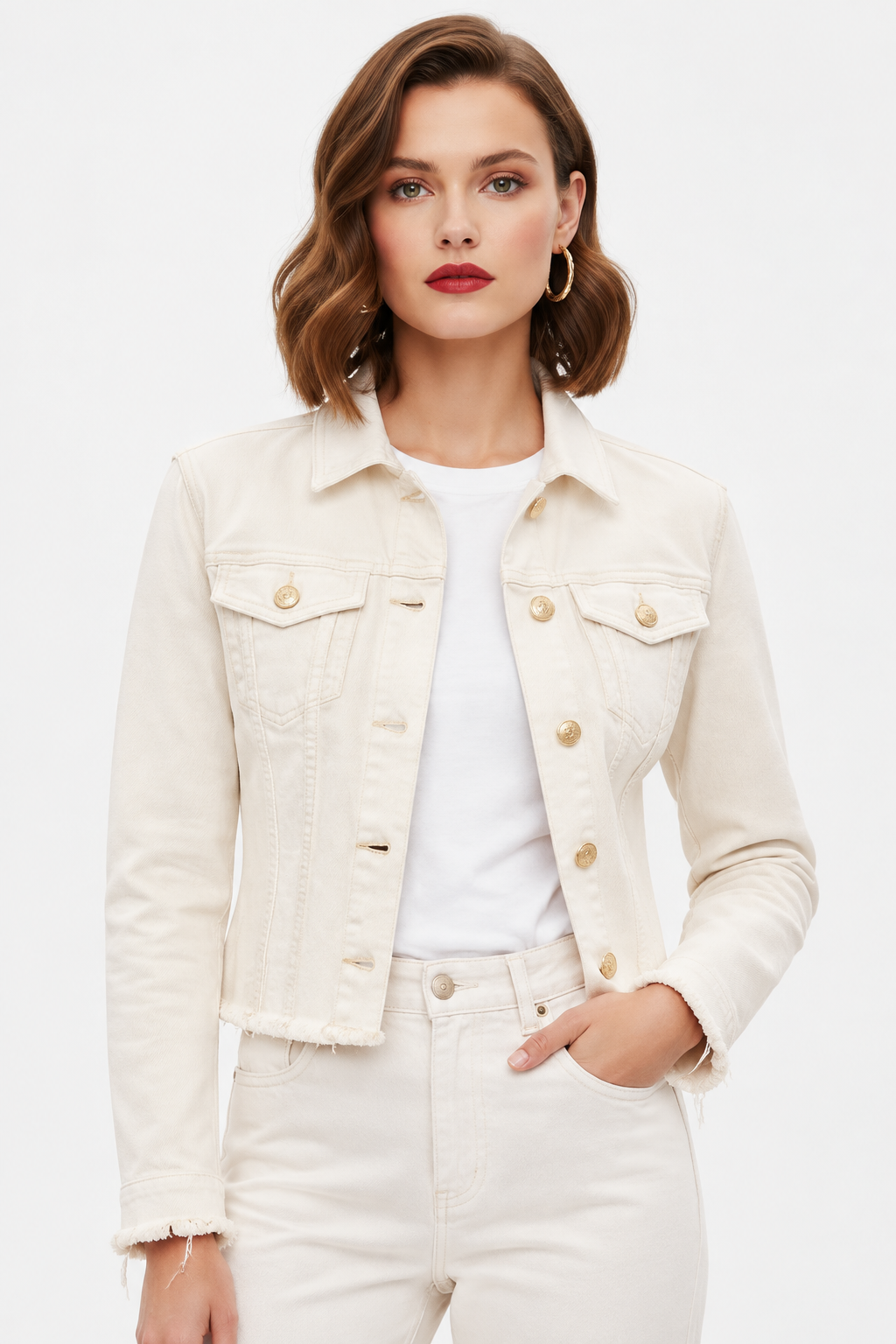 Chaqueta Vaquera Cropped Marfil con modelo - Cala Stile