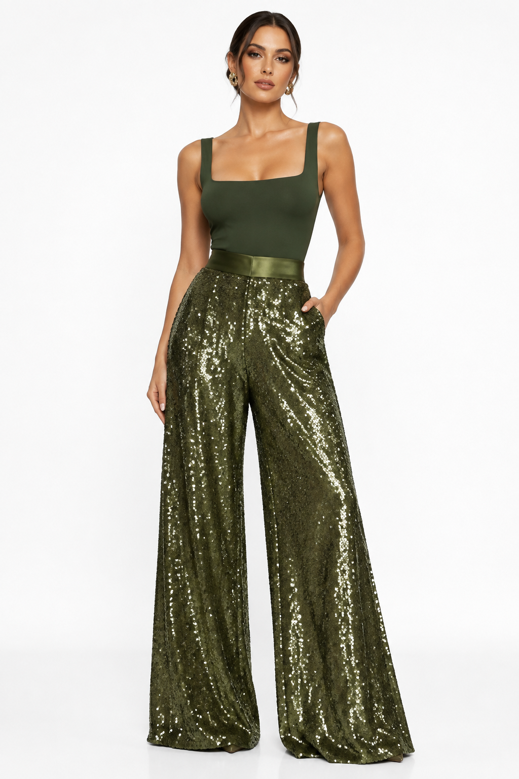 Pantalón Palazzo Lentejuelas Verde Militar con modelo - Cala Stile