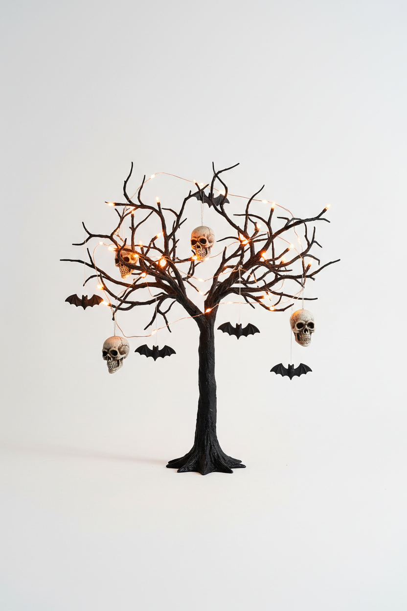 Decoración Halloween luces hadas naranjas con ramas y calaveras
