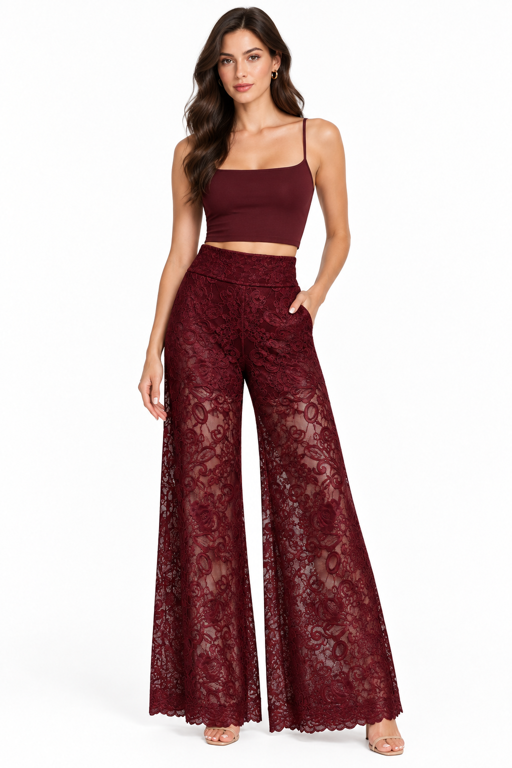 Pantalones encaje granate con modelo