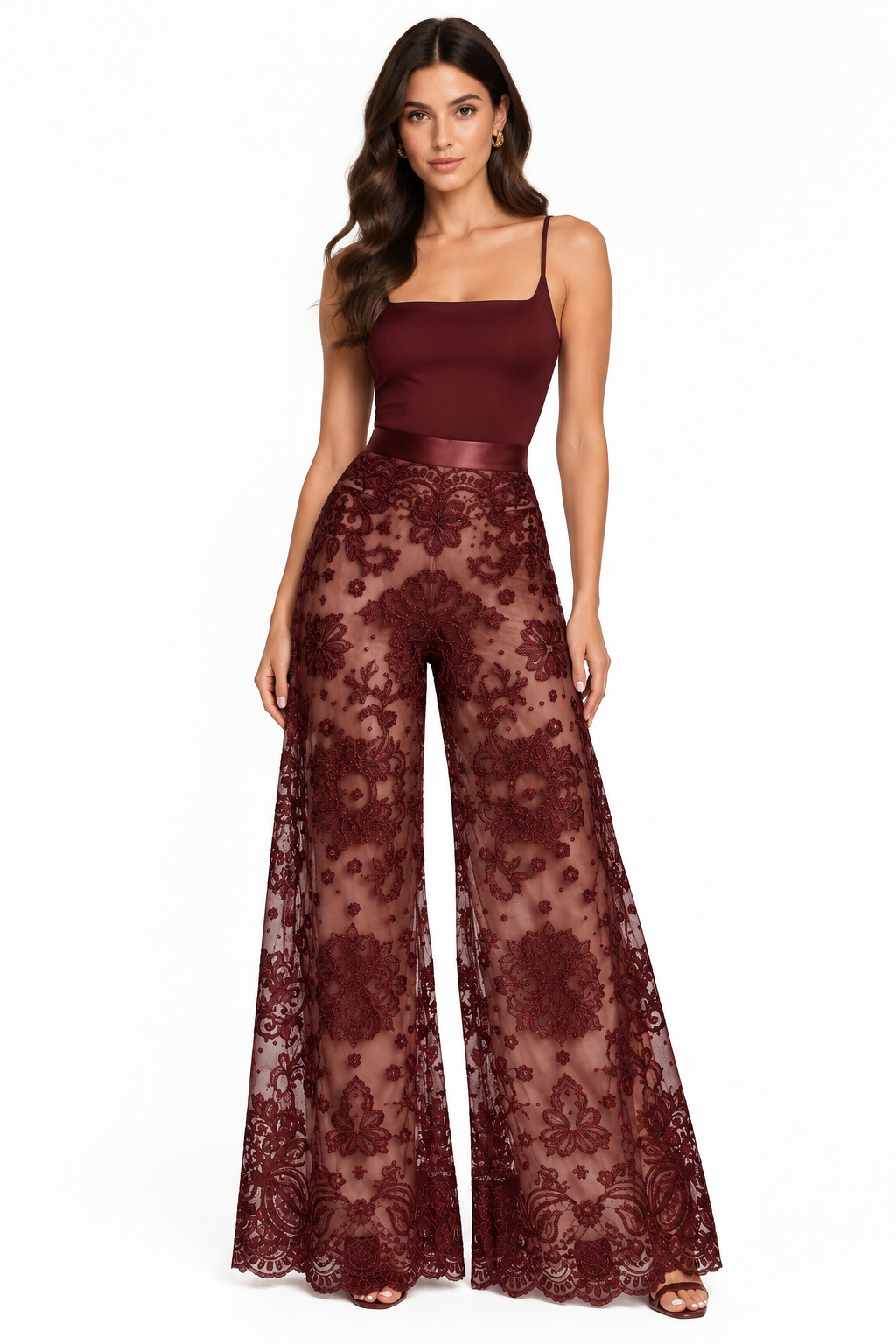 Pantalones encaje granate/borgoña con modelo