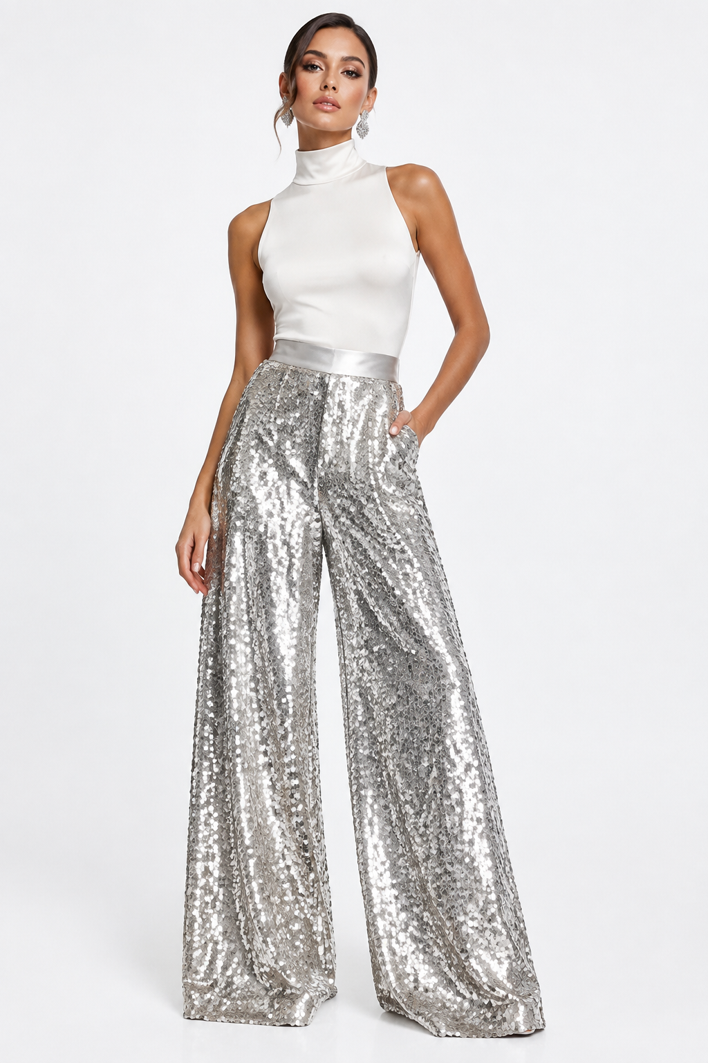 Pantalón Palazzo Lentejuelas Plateado con modelo - Cala Stile
