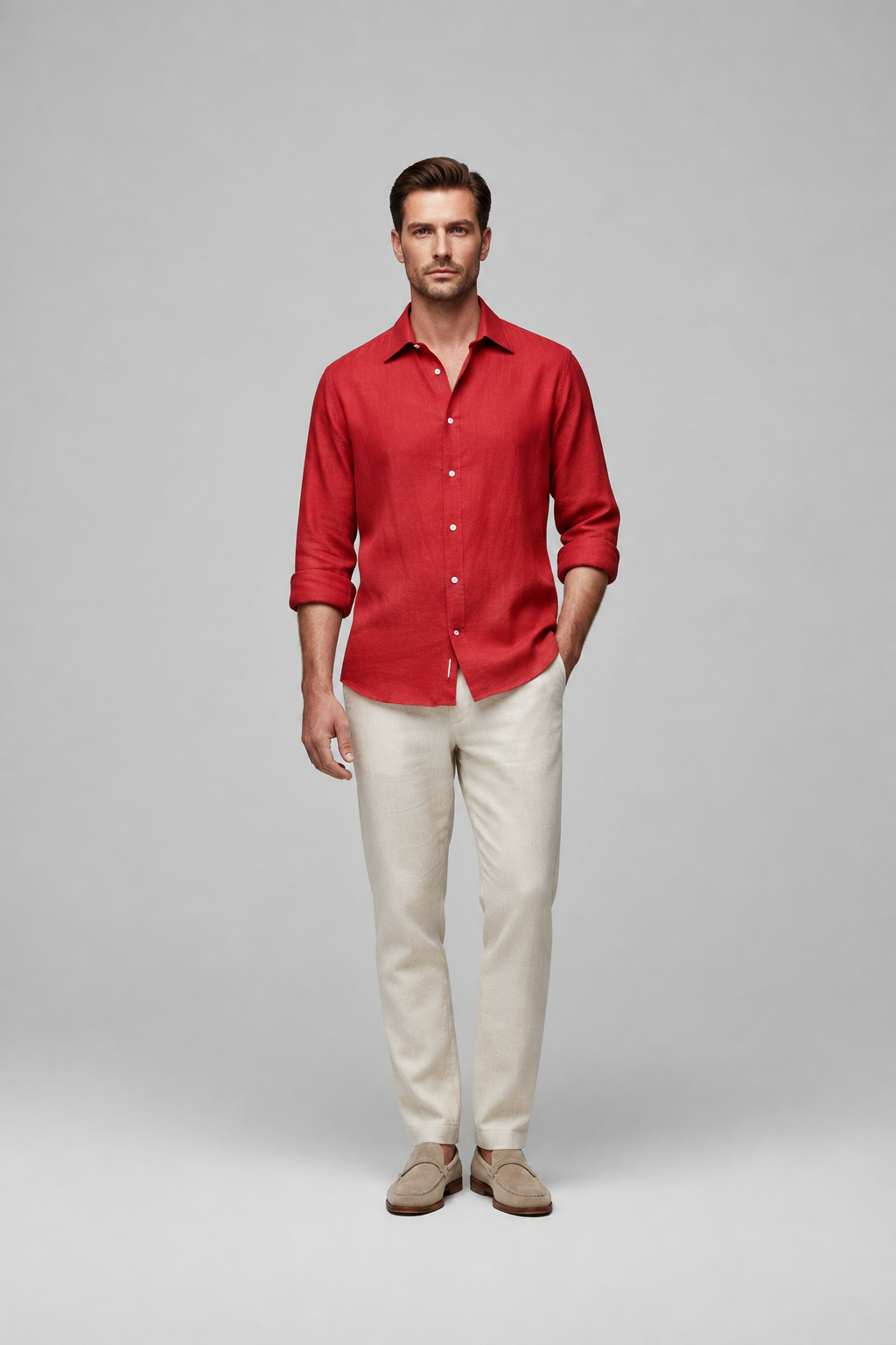 Camisa Lino Azul Claro Roja