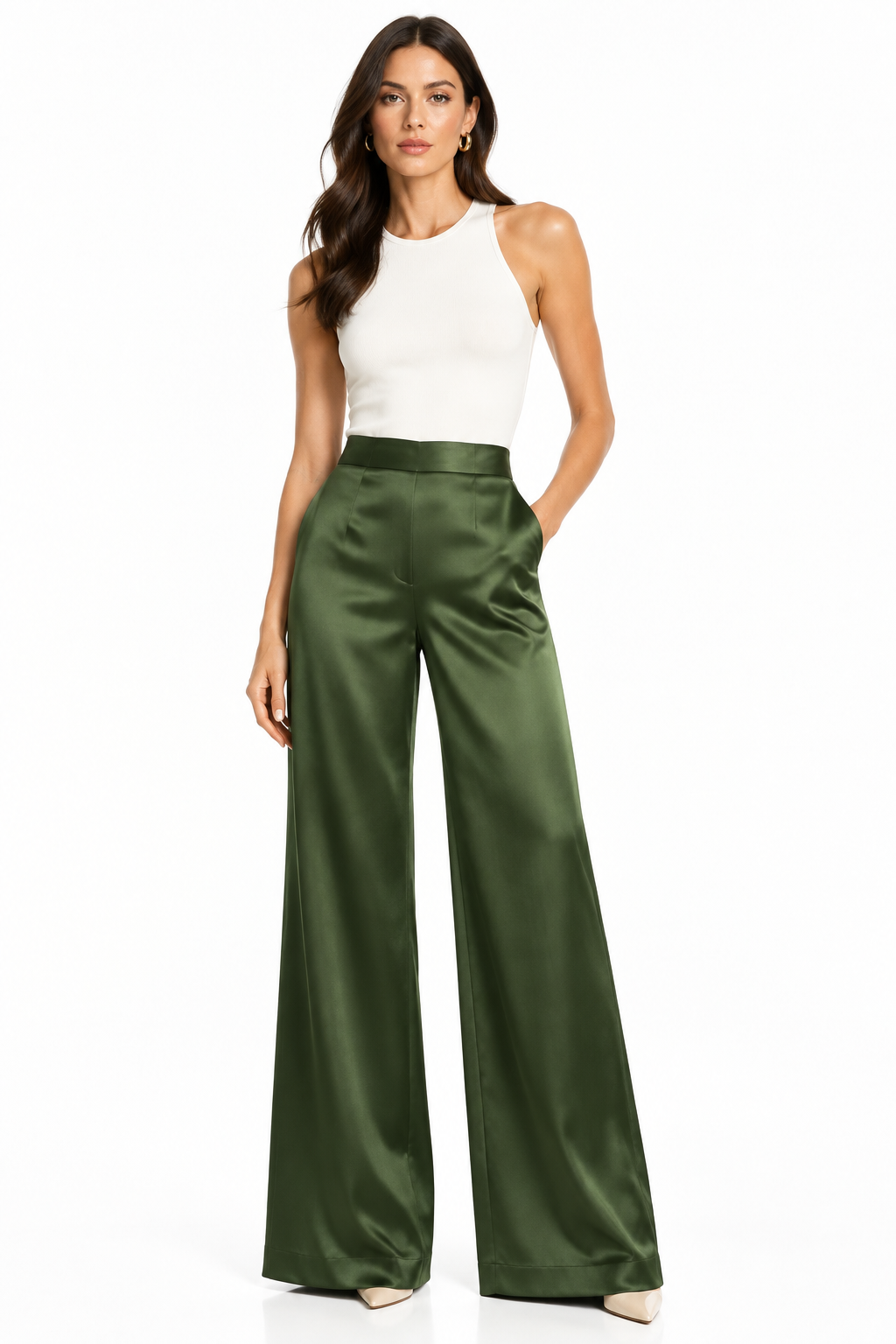 Pantalón Palazzo Satén Verde Militar con modelo - Cala Stile