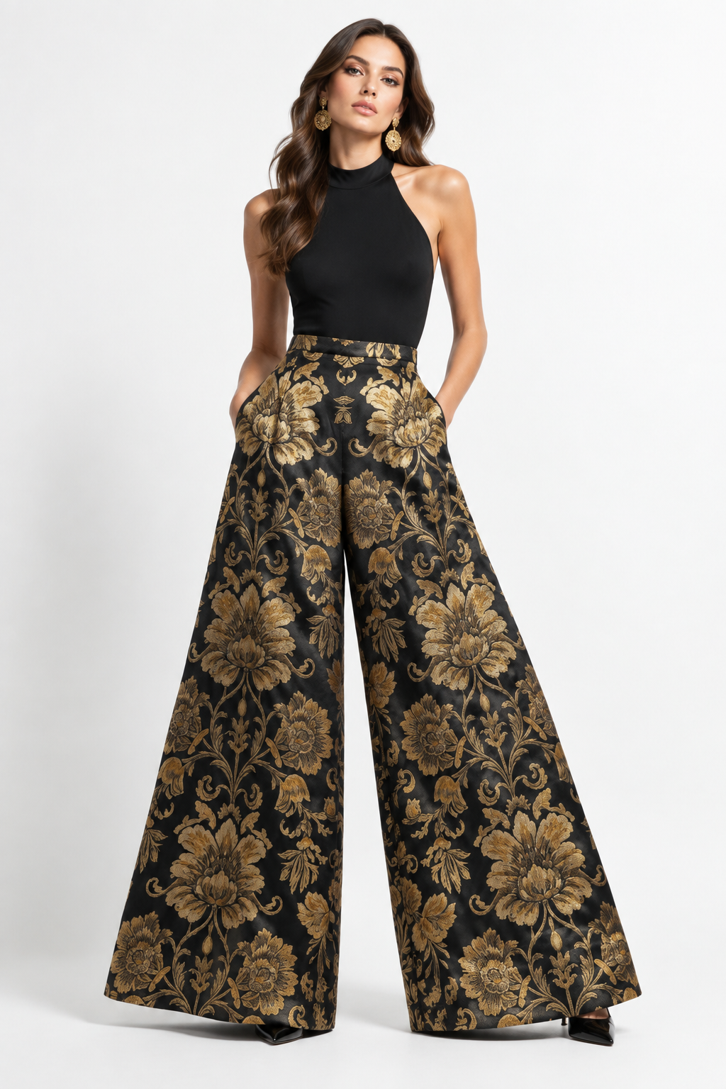 Pantalón Brocado Floral Negro con modelo - Cala Stile