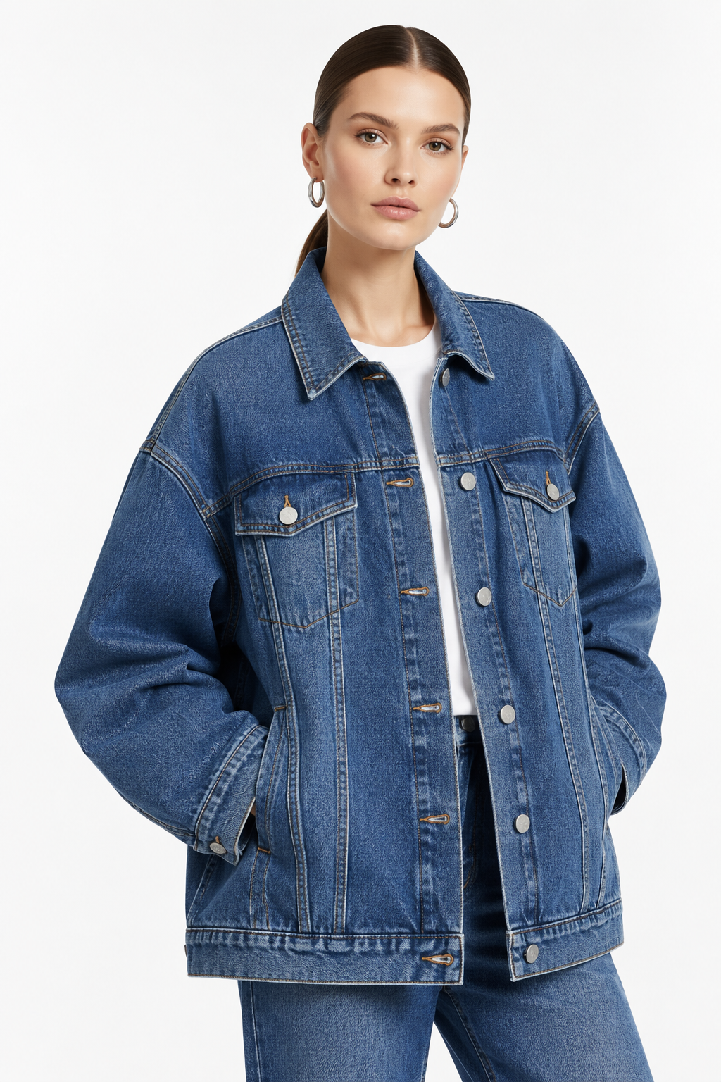 Chaqueta Vaquera Oversize Azul Medio con modelo - Cala Stile