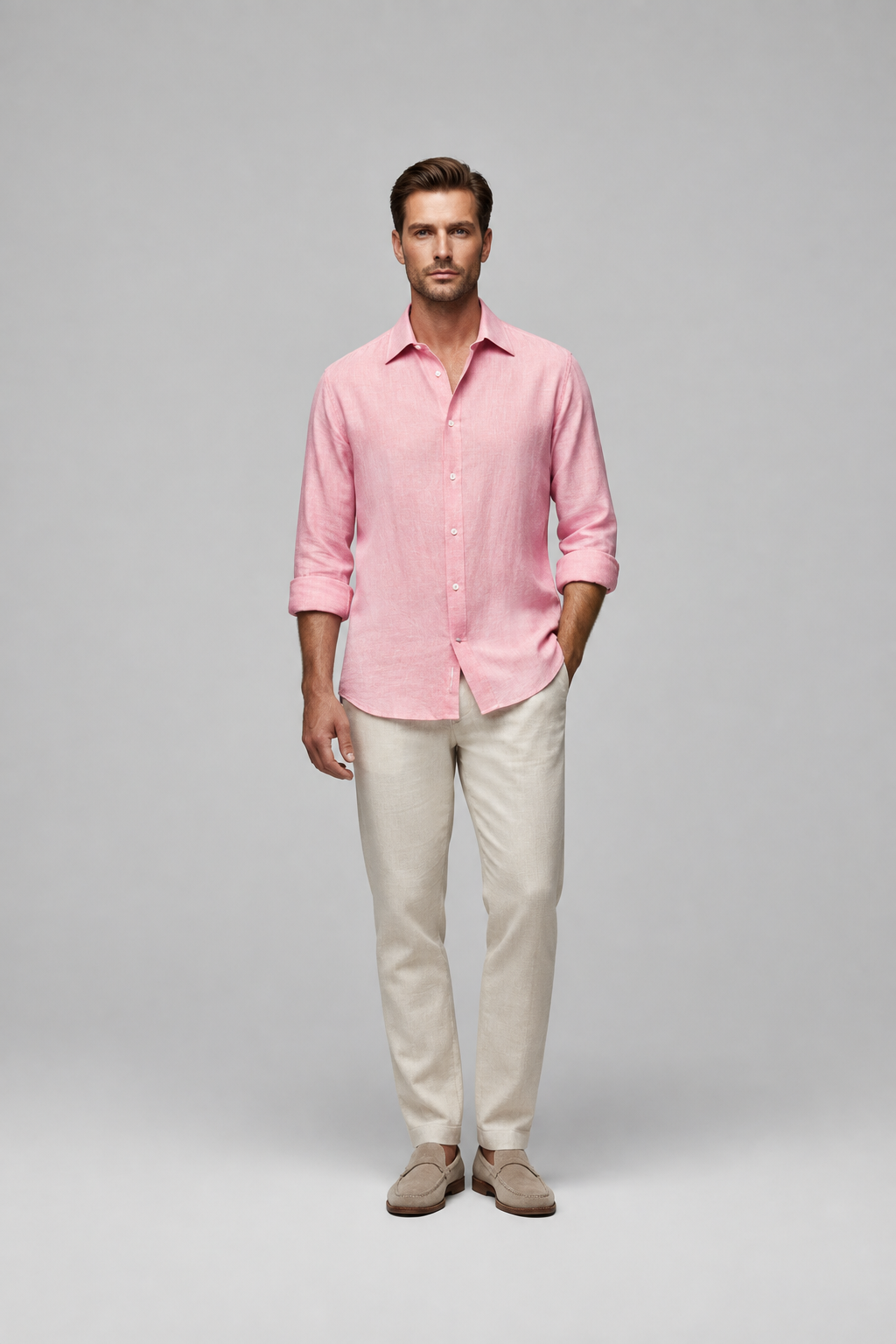 Camisa Lino Azul Claro Rosa
