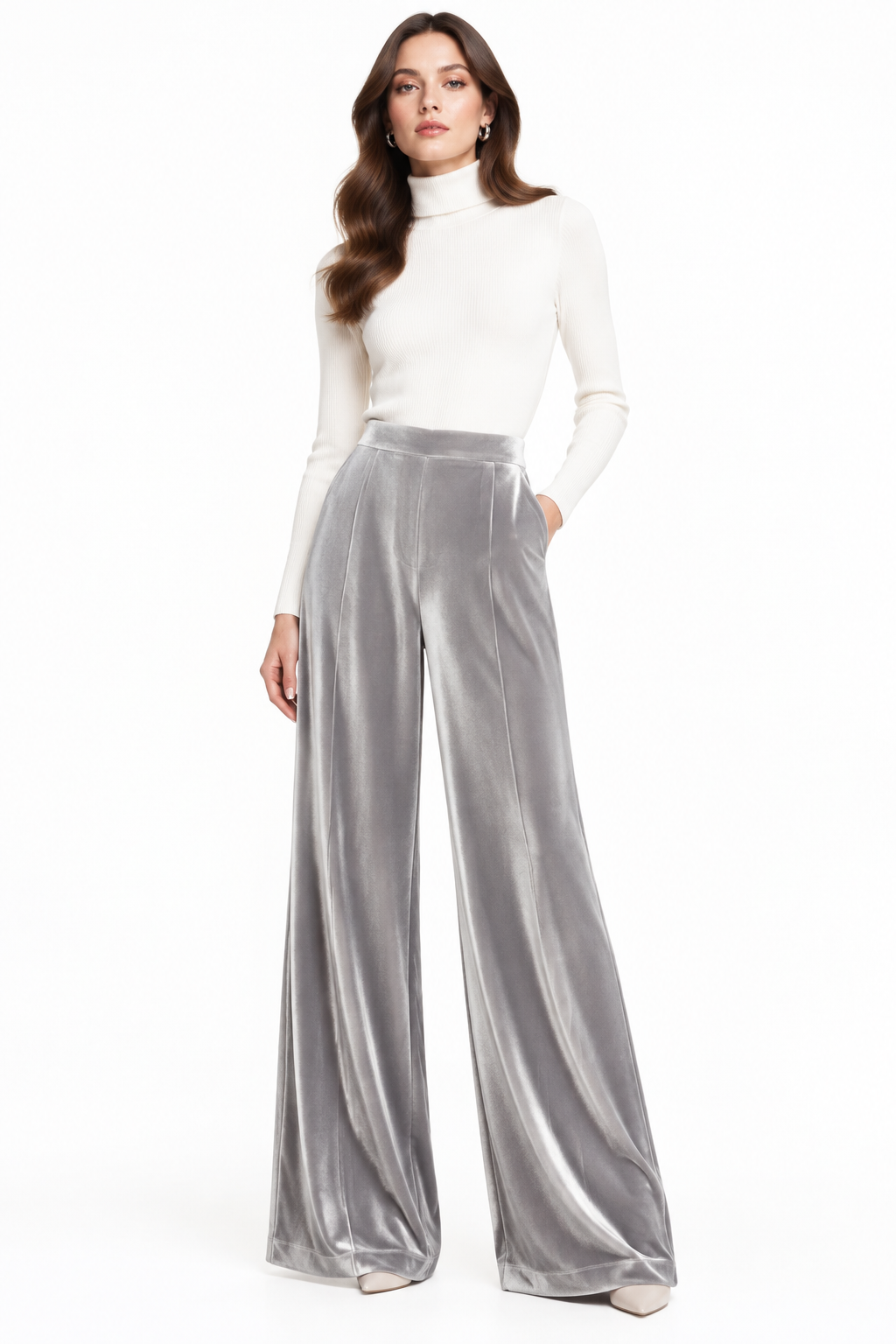 Pantalón Palazzo Terciopelo Gris con modelo - Cala Stile