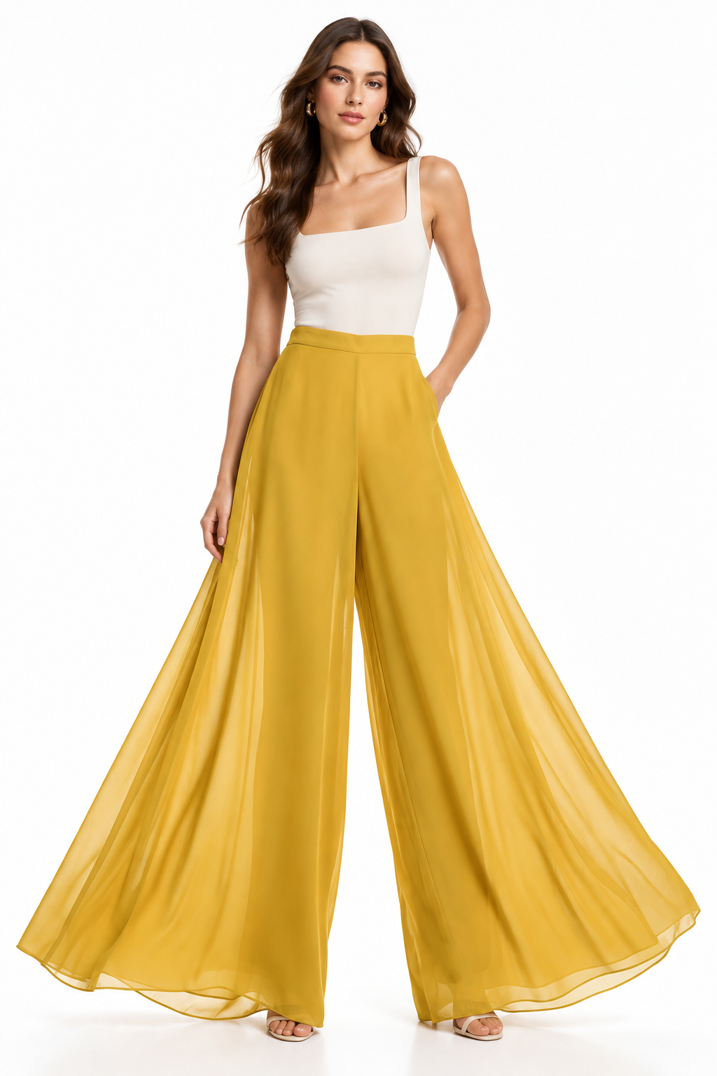 Pantalón Palazzo Chifón Mostaza con modelo - Cala Stile