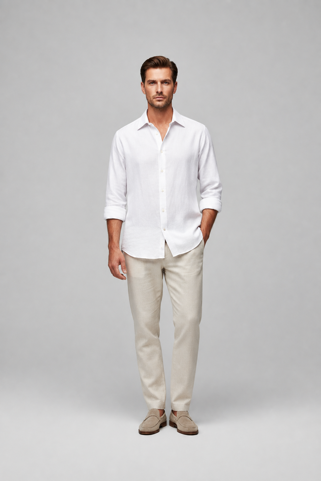Camisa Lino Azul Claro Blanca