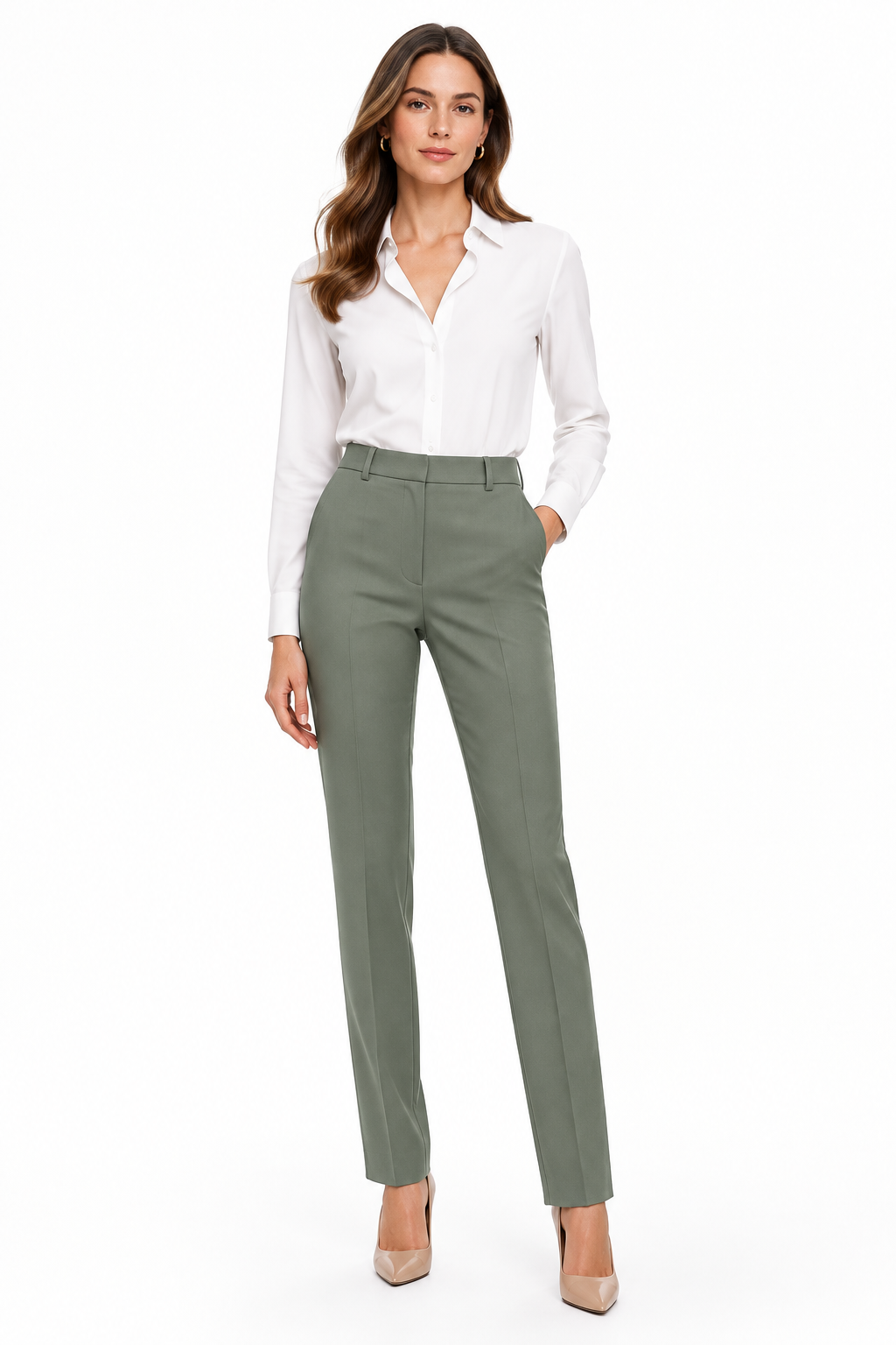 Pantalón Vestir Slim Verde Salvia con modelo - Cala Stile