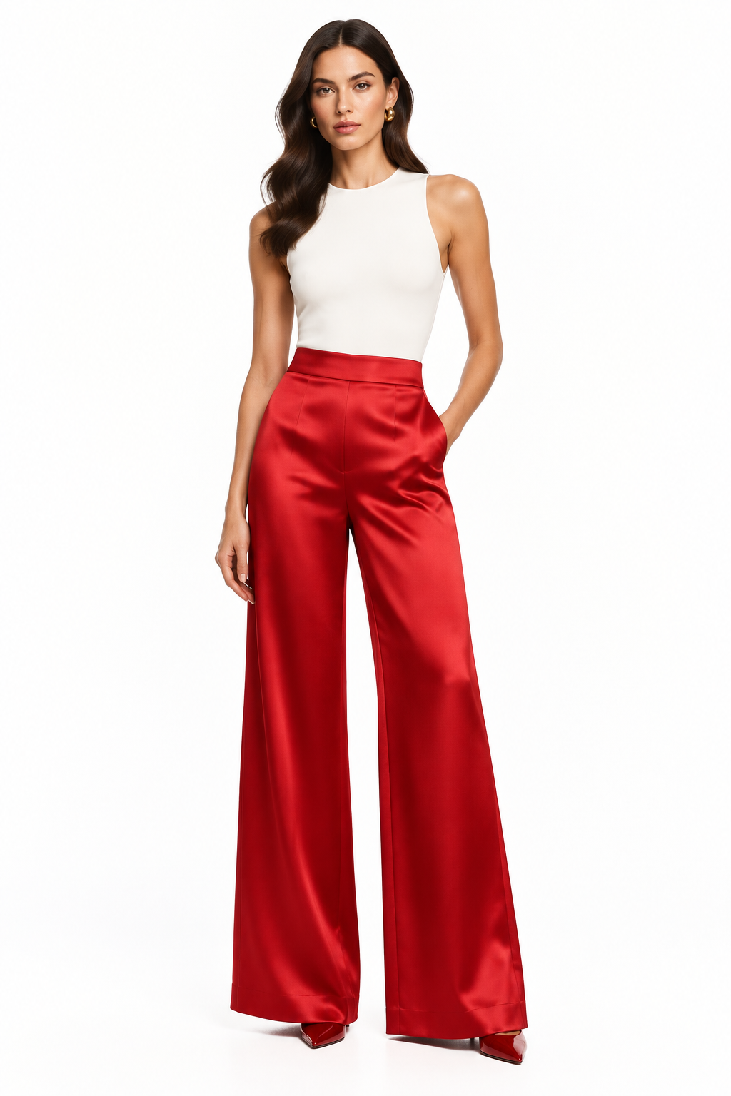 Pantalón Palazzo Satén Rojo con modelo - Cala Stile