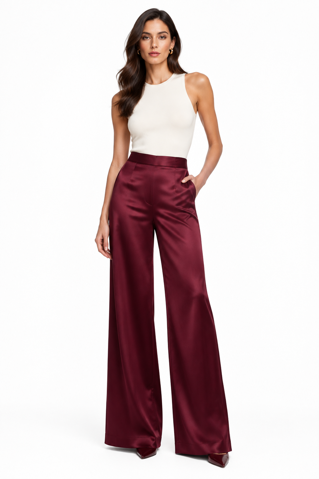 Pantalón Palazzo Satén Granate con modelo - Cala Stile
