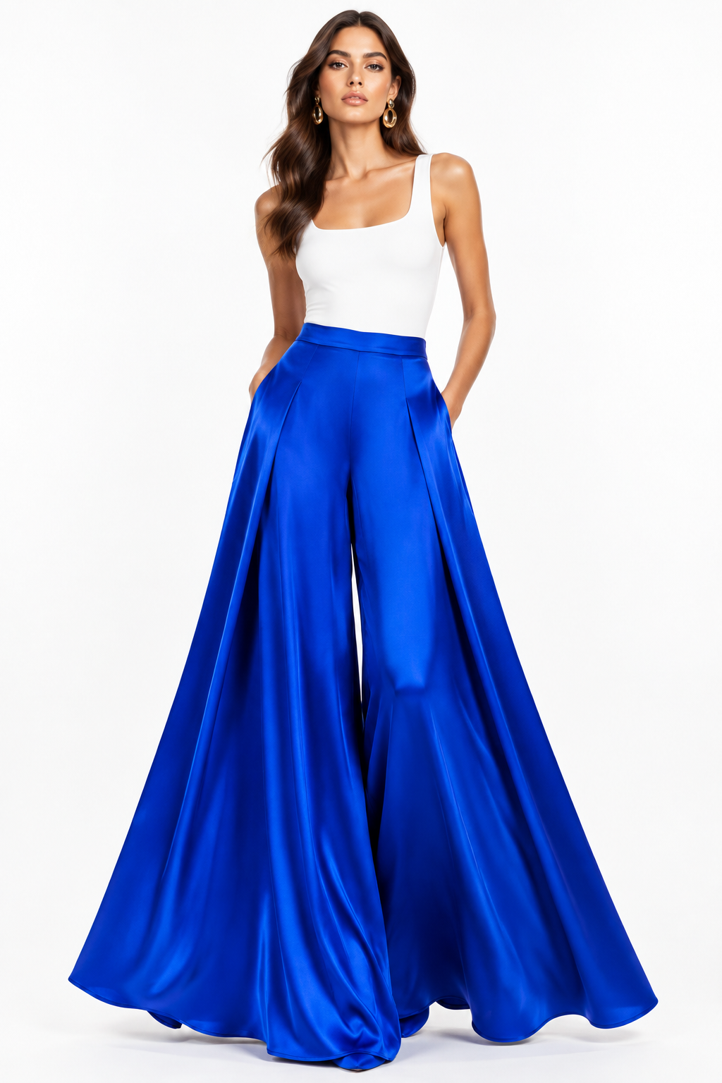 Pantalón Palazzo Satén Azul Eléctrico con modelo - Cala Stile