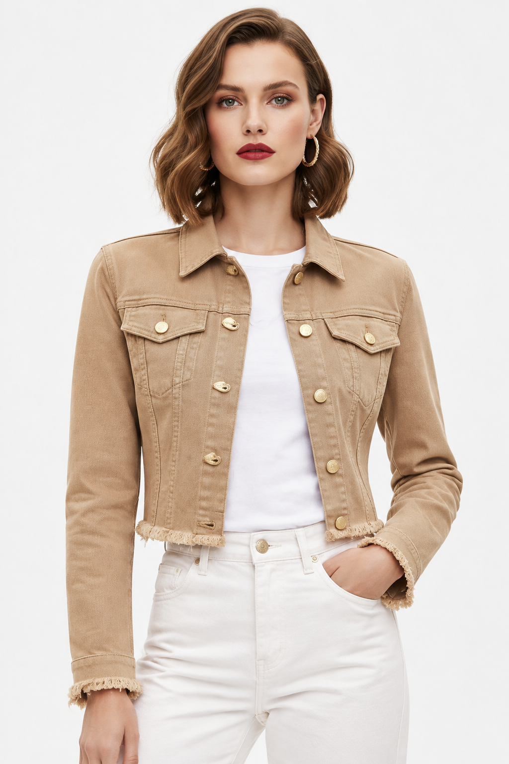 Chaqueta Vaquera Cropped Beis Camel con modelo - Cala Stile