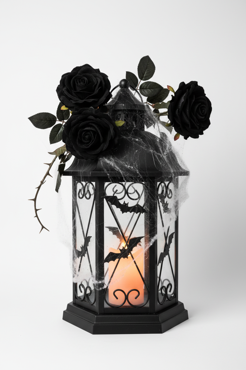 Decoración Halloween farol negro con vela LED y rosas negras