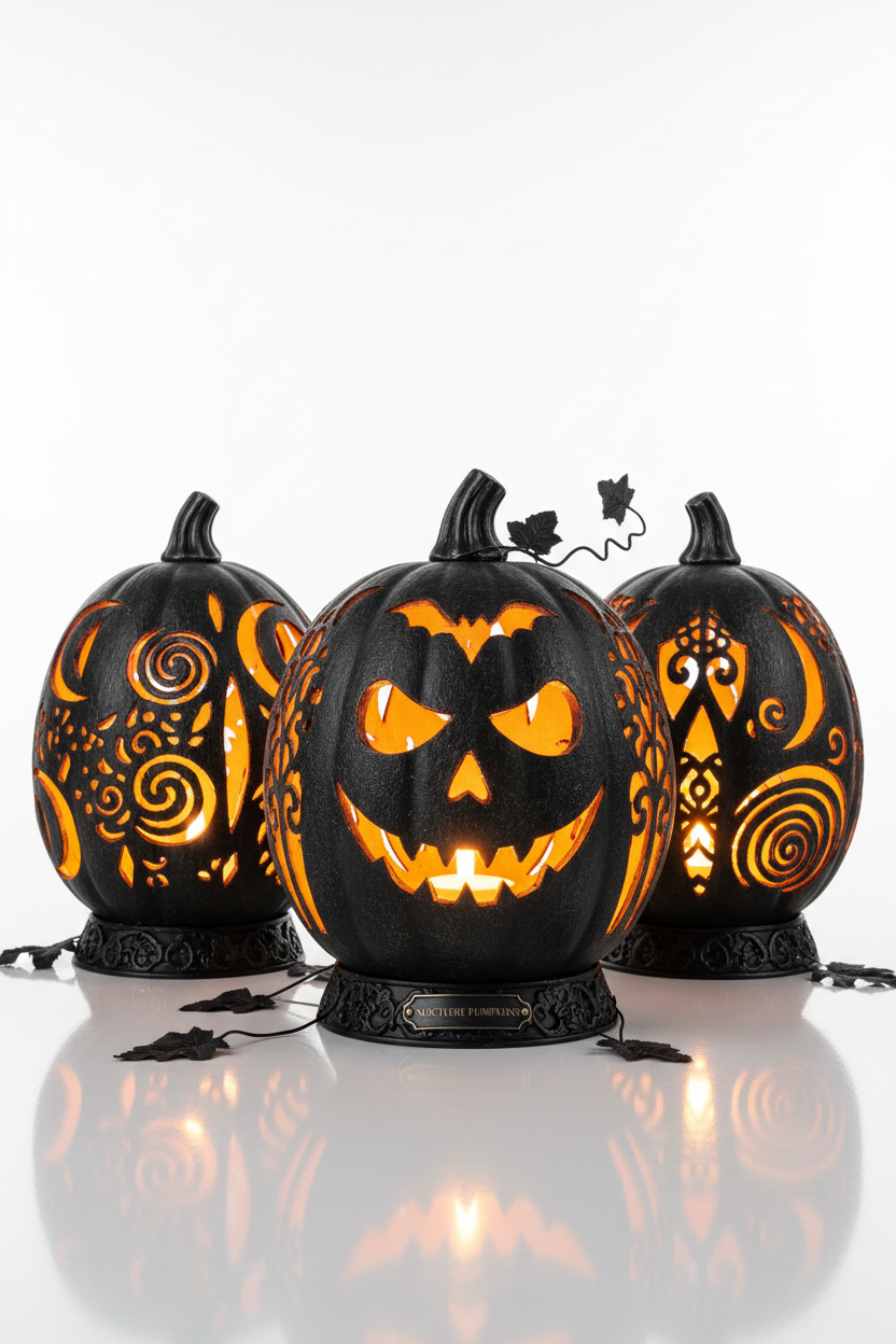 Decoración Halloween set calabazas negras talladas LED naranja