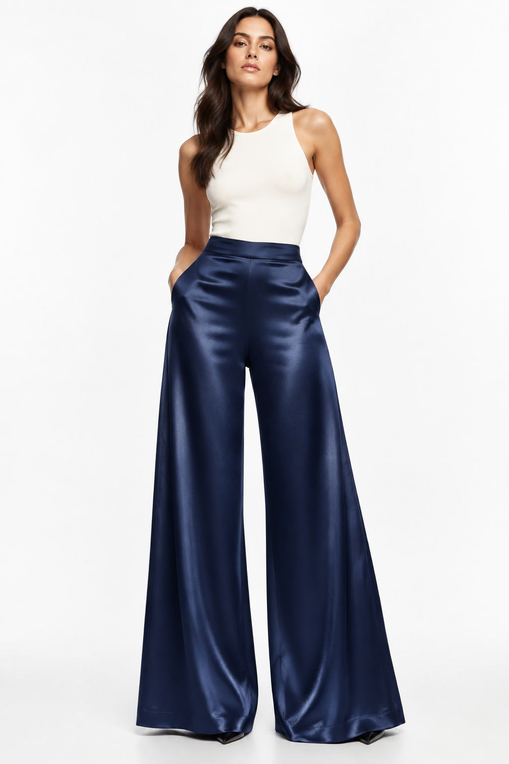 Pantalón Palazzo Satén Azul Marino con modelo - Cala Stile