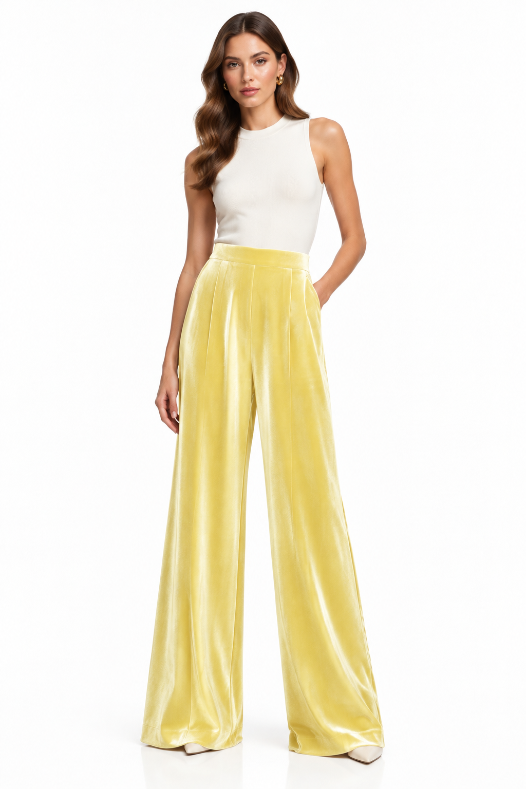 Pantalón Palazzo Terciopelo Amarillo Pastel con modelo - Cala Stile