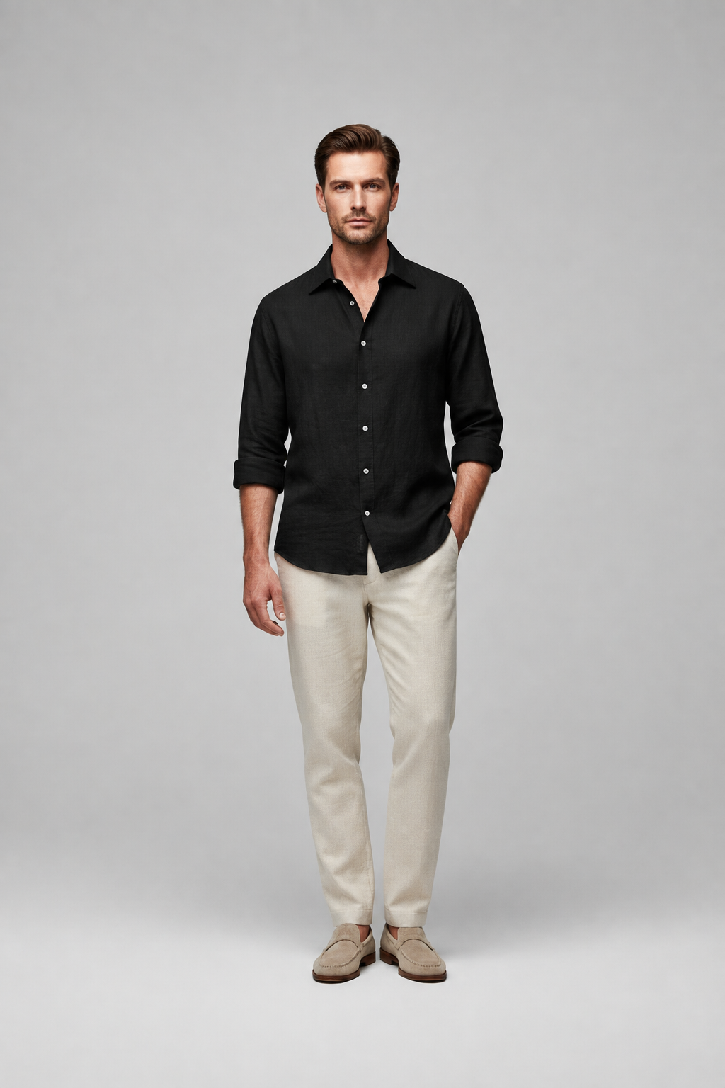 Camisa Lino Azul Claro Negra