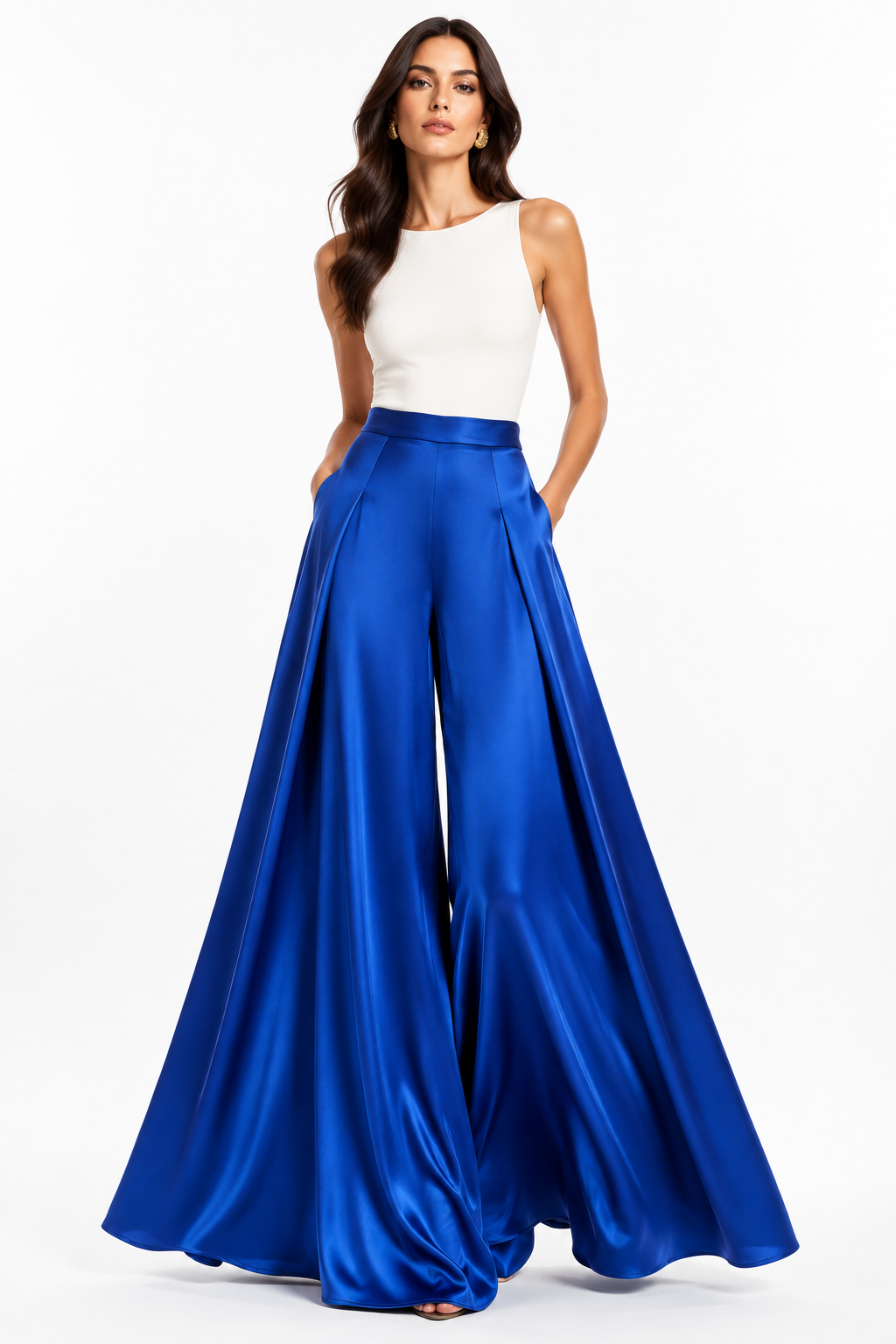 Pantalón Palazzo Satén Azul Zafiro con modelo - Cala Stile