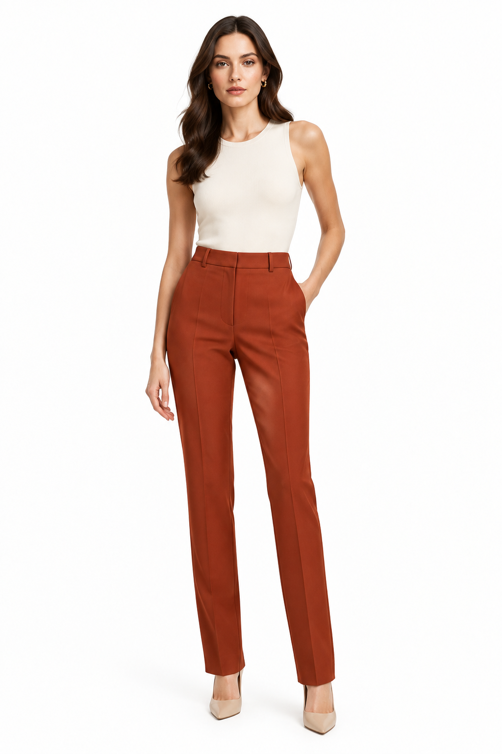Pantalón Vestir Slim Terracota con modelo - Cala Stile