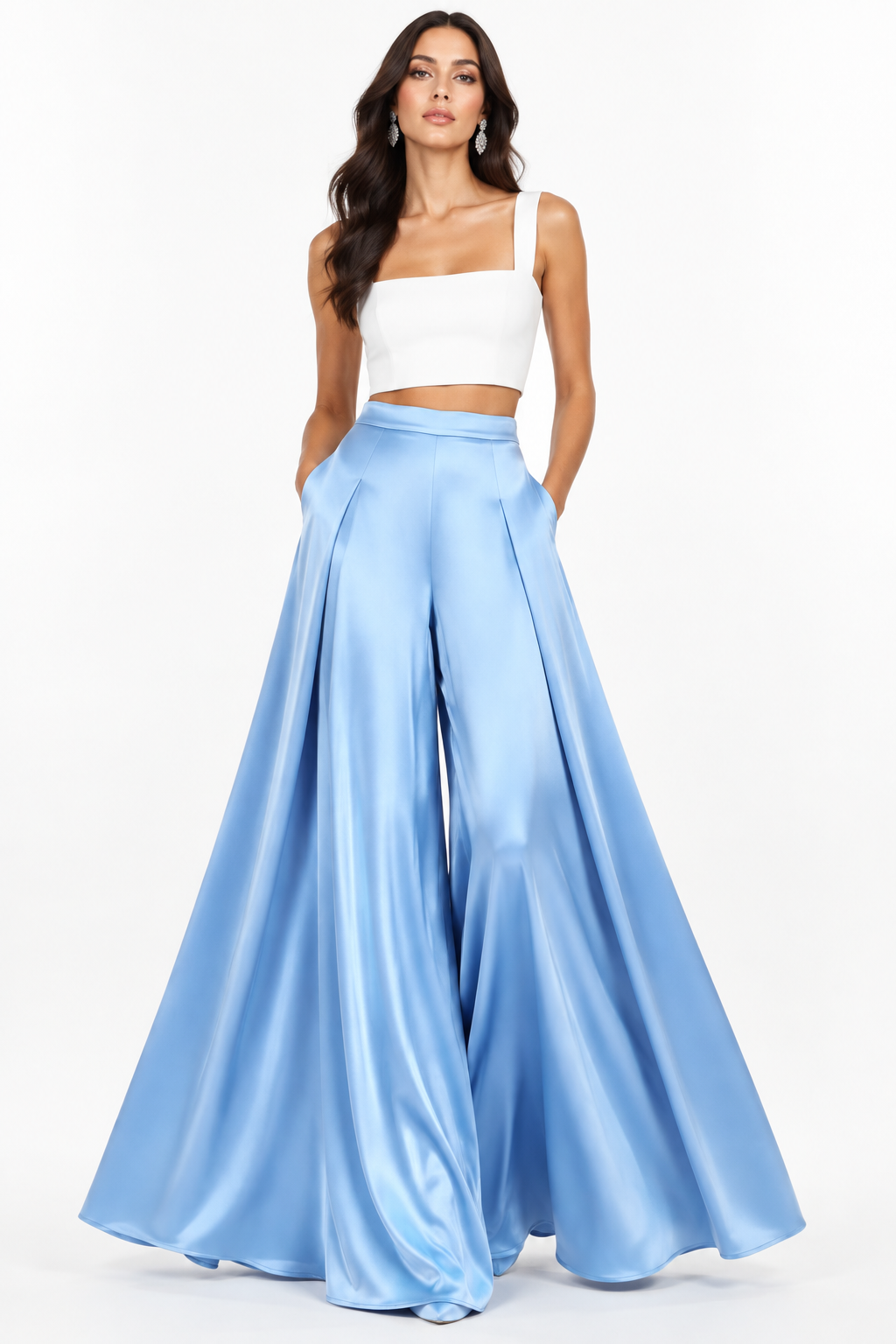Pantalón Palazzo Satén Azul Celeste con modelo - Cala Stile