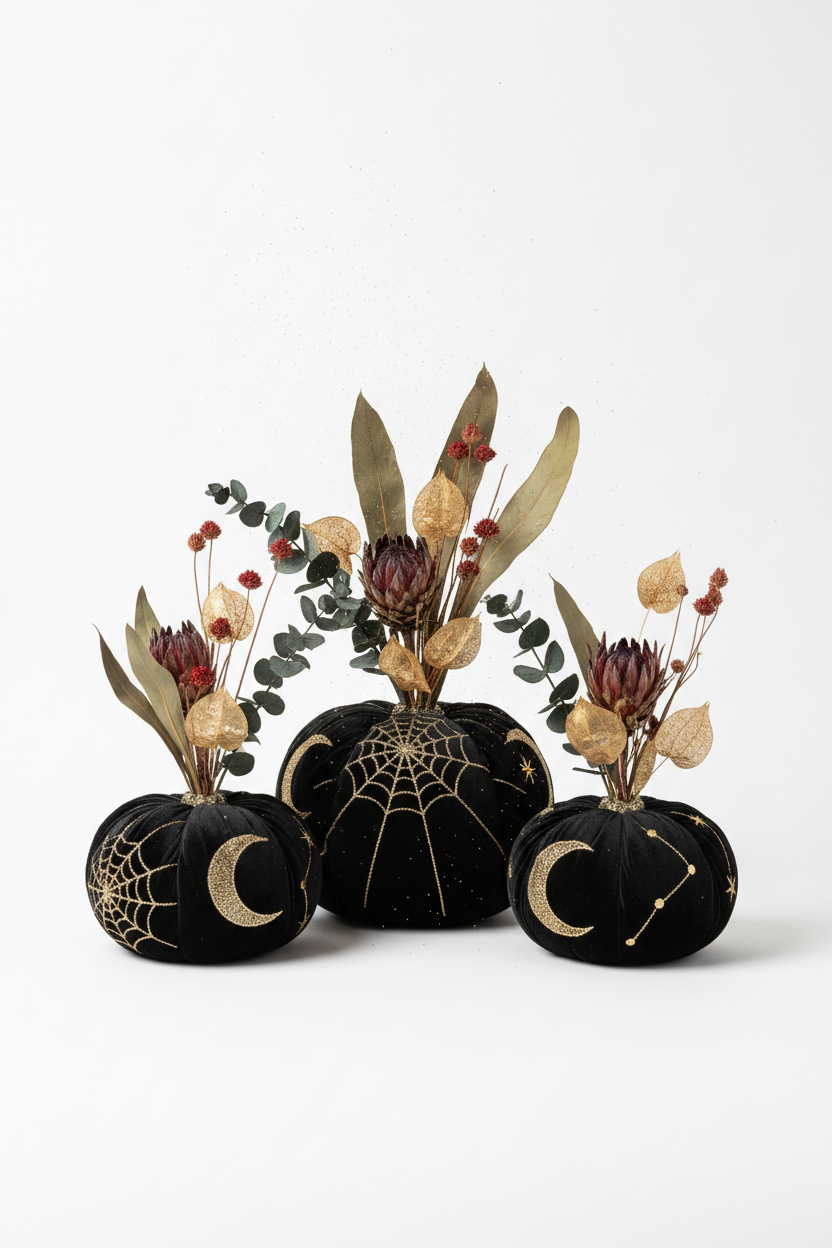 Decoración Halloween calabazas terciopelo negro dorado